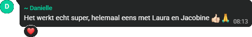 Danielle: Het werkt echt super, helemaal eens met Laura en Jacobine