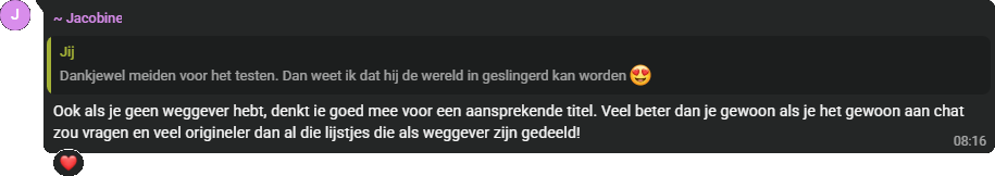 Jacobine: Ook als je geen weggever hebt, denkt ie goed mee voor een aansprekende titel. Veel beter dan je gewoon als je het gewoon aan chat zou vragen en veel origineler dan al die lijstjes die als weggever zijn gedeeld!